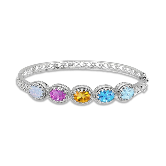 Mother's Oval-Shaped Vintage-Style Birthstone Bangle Bracelet (5 Stones)
