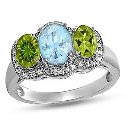 Oval Birthstone and Diamond Accent Frame Three Stone Ring (3 Stones)