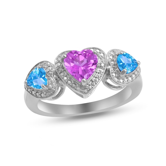 Birthstone and Diamond Accent Heart Frame Three Stone Ring (3 Stones)