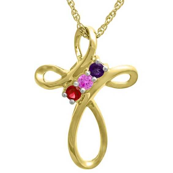 Mother's 3.0mm Birthstone Loop Cross Pendant (3 Stones)