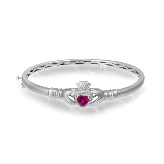 6.0mm Heart-Shaped Birthstone and Diamond Accent Claddagh Bangle Bracelet (1 Stone)