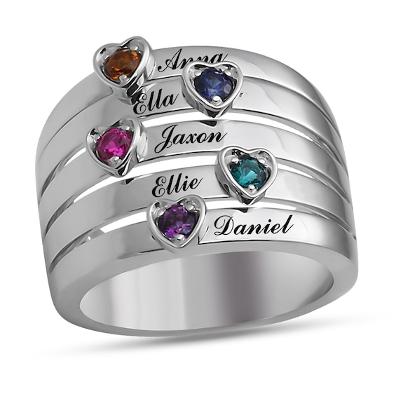 Mother's Heart-Shaped Birthstone Stack Ring (2-5 Stones and Names)