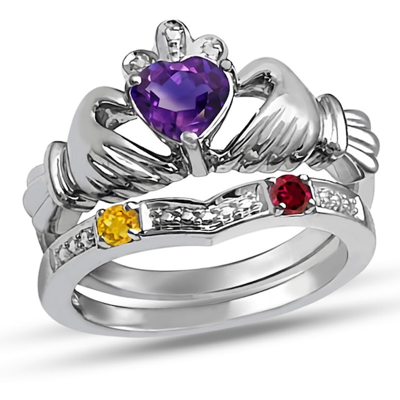 Birthstone Claddagh Bridal Set (3-5 Stones)