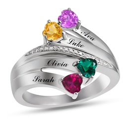 Mother's Heart-Shaped Birthstone and Diamond Accent Multi-Row Bypass Ring (1-4 Stones and Names)
