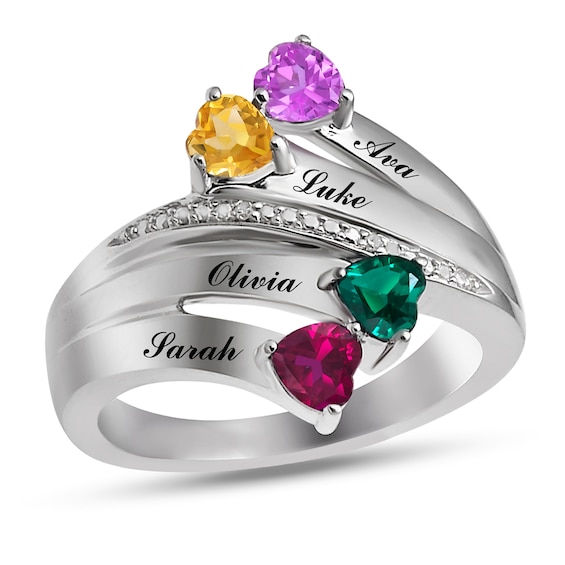 Mother's Heart-Shaped Birthstone and Diamond Accent Multi-Row Bypass Ring (1-4 Stones and Names)