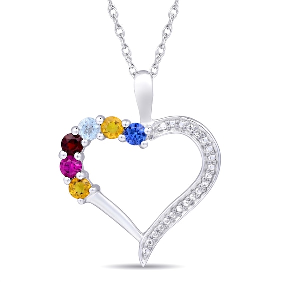 Mother's Birthstone and Diamond Accent Family Heart Pendant (1-7 Stones)