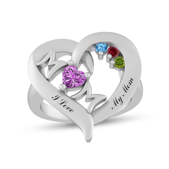 Mother's Birthstone Heart with Mom Ring (2-6 Stones and 2 Lines)