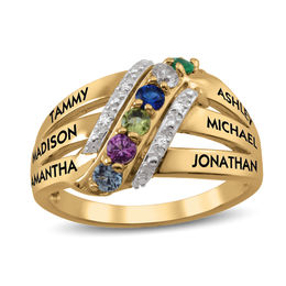 Mother's Birthstone and Diamond Accent Wave Split Shank Ring (6 Stones and Names)