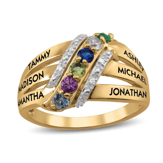 Mother's Birthstone and Diamond Accent Wave Split Shank Ring (6 Stones and Names)