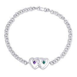 Couple's Birthstone Double Heart Anklet in Sterling Silver (2 Stones and Names)