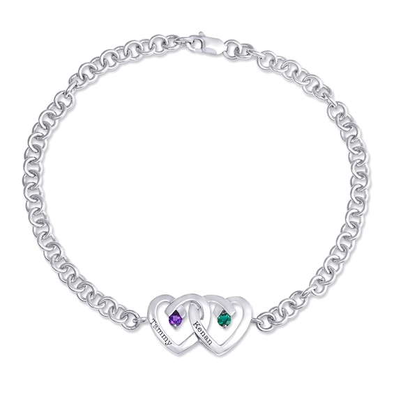 Couple's Birthstone Double Heart Anklet in Sterling Silver (2 Stones and Names)