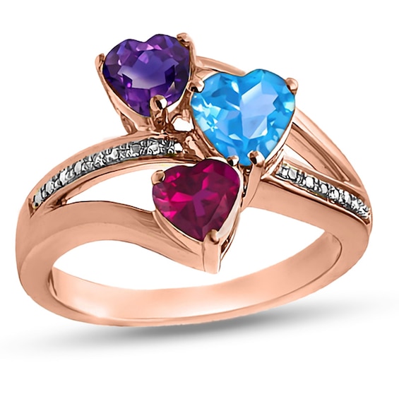 Mother's Heart-Shaped Birthstone and Diamond Accent Split Shank Ring (3 Stones)