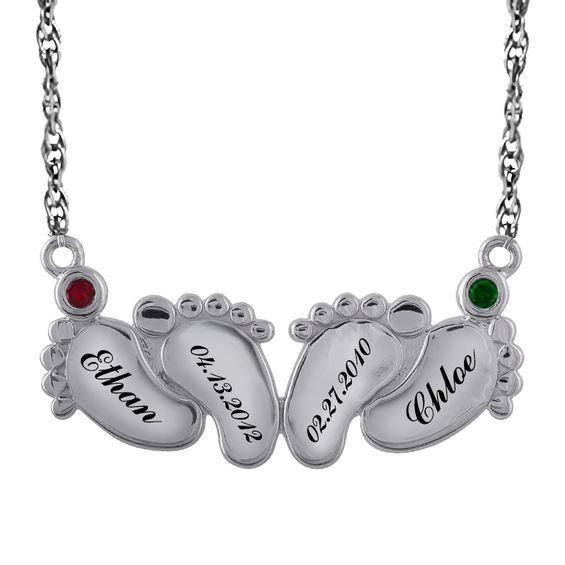 Mother's Birthstone Baby Feet Necklace (2 Stones and 4 Lines)