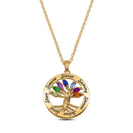 Mother's Marquise Birthstone Twisted Family Tree Circle Pendant (7 Stones and Names)