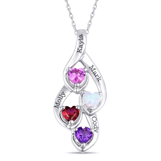 Mother's 4.0mm Heart-Shaped Birthstone Swirl Leaf Pendant (1-4 Stones and Names)