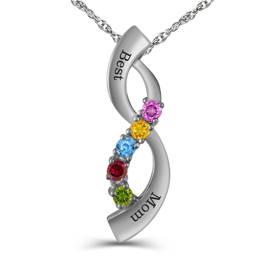 Mother's Birthstone Cascading Ribbon Pendant (1-5 Stones and 2 Lines)