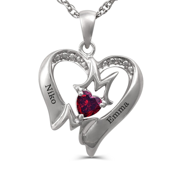Mother's 4.0mm Birthstone and Diamond Accent Mom Heart Pendant (1 Stone and 2 Lines)