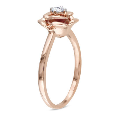 White Round Diamond Accent Solitaire Rose Promise Ring in Two-Tone Gold Plated Over 925 Sterling Silver 6486 Rising Flower Rose Charm Ring