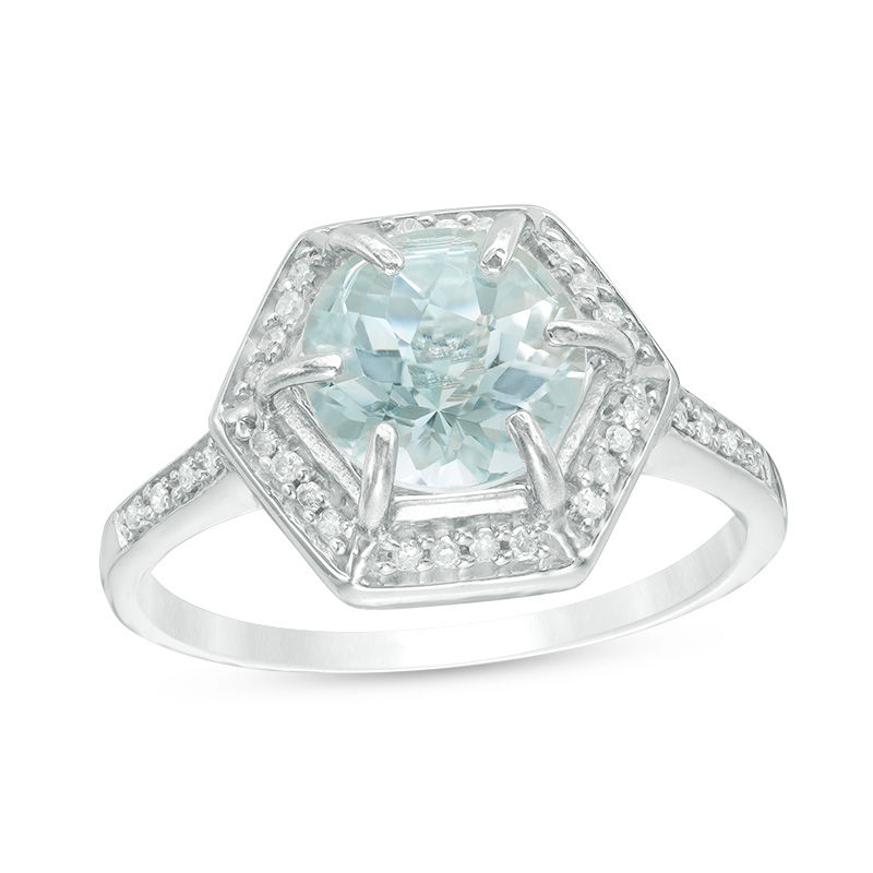 8.0mm Aquamarine and Diamond Accent Hexagon Frame Ring in 10K White Gold