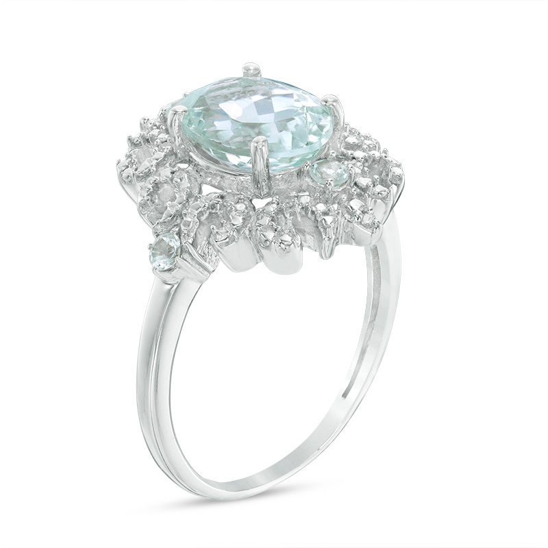 Oval Aquamarine and Diamond Accent Sunburst Frame Ring in 10K White Gold