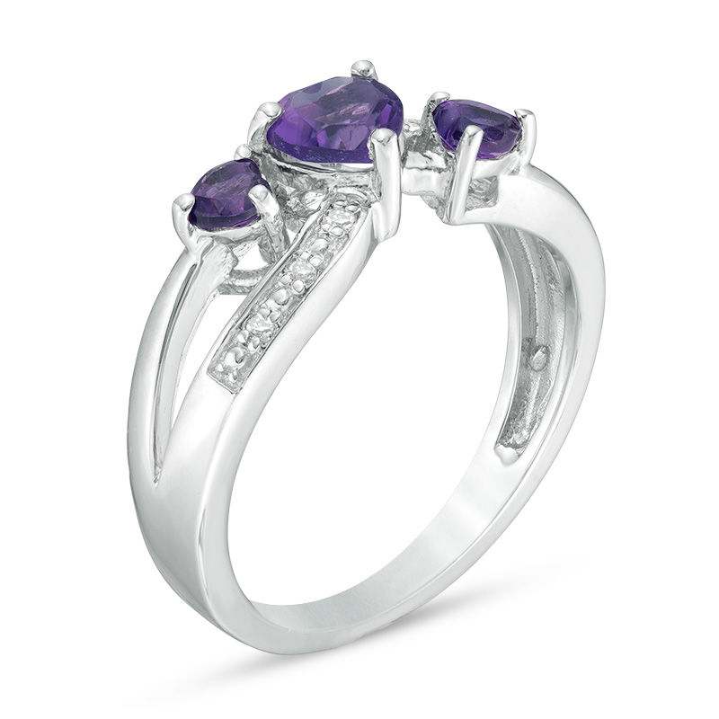 Heart-Shaped Amethyst and Diamond Accent Three Stone Ring in Sterling Silver