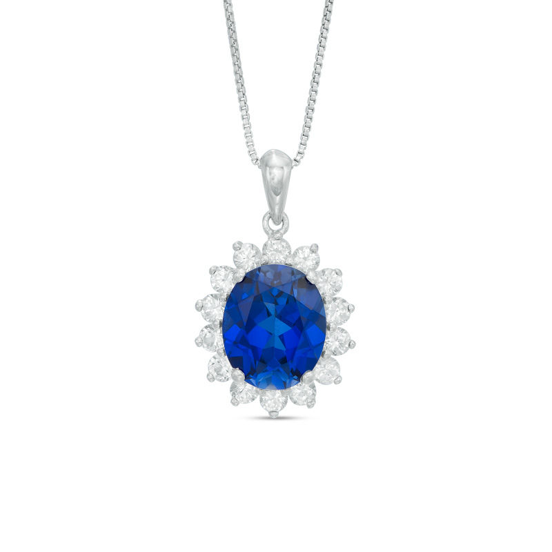 Main Image 1 of Oval Lab-Created Blue Sapphire and White Sapphire Sunburst Frame Pendant in Sterling Silver