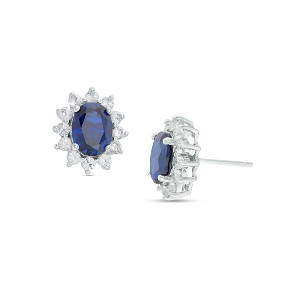 Oval Lab-Created Blue Sapphire and White Sapphire Sunburst Frame Stud Earrings in Sterling Silver