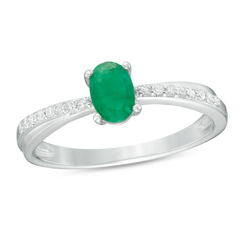Oval Emerald and Diamond Accent Crossover Ring in Sterling Silver