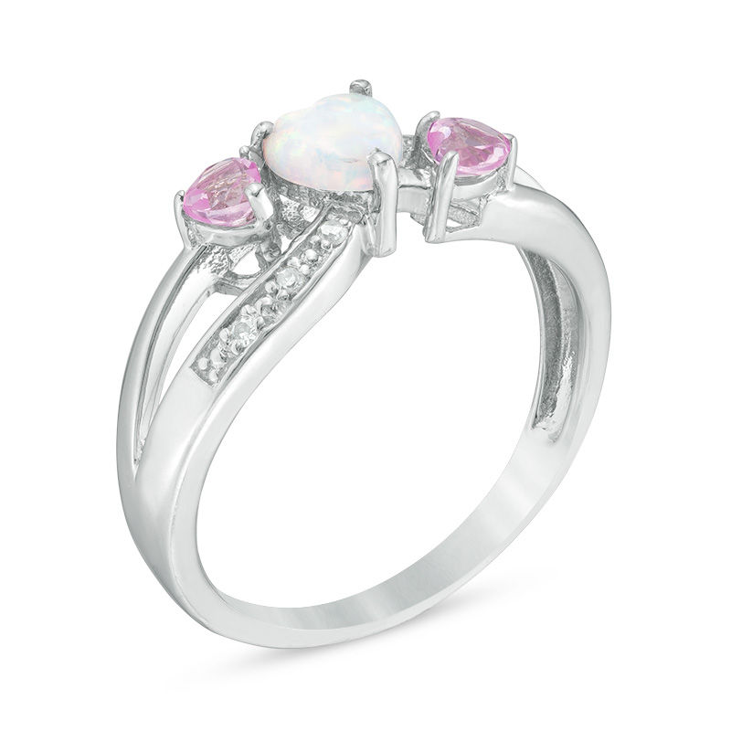 Heart-Shaped Lab-Created Opal, Pink Sapphire and Diamond Accent Three Stone Ring in Sterling Silver