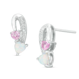 Heart-Shaped Lab-Created Opal, Pink Sapphire and Diamond Accent Drop Earrings in Sterling Silver