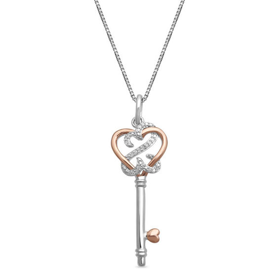 Open Hearts by Jane Seymourâ¢ 1/20 CT. T.w. Diamond Heart-Top Key Pendant in Sterling Silver and 10K Rose Gold