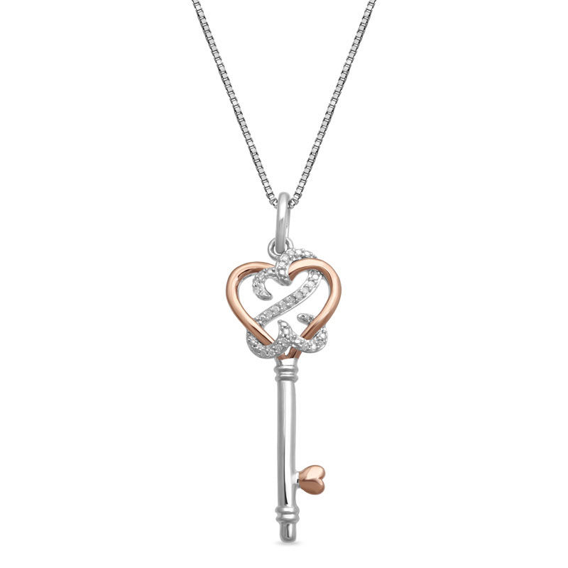 Open Hearts by Jane Seymour™ 1/20 CT. T.W. Diamond Heart-Top Key Pendant in Sterling Silver and 10K Rose Gold