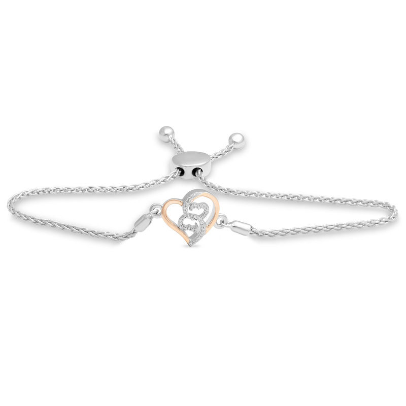 Main Image 1 of Open Hearts by Jane Seymour™ 1/20 CT. T.W. Diamond Heart Bolo Bracelet in Sterling Silver and 10K Rose Gold - 9.5"
