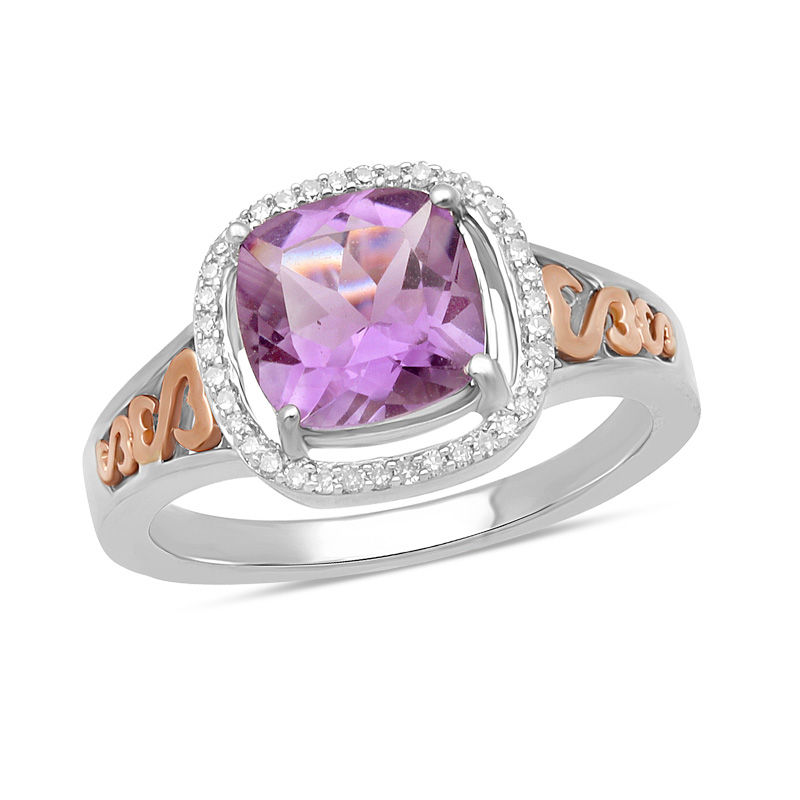 Open Hearts by Jane Seymour™ Cushion-Cut Amethyst and 1/10 CT. T.W. Diamond Frame Ring in Sterling Silver