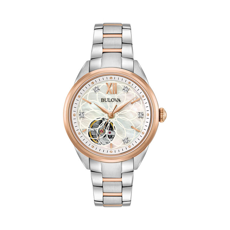 Main Image 1 of Ladies' Bulova Automatic Diamond Accent Two-Tone Watch with Mother-of-Pearl Skeleton Dial (Model: 98P170)