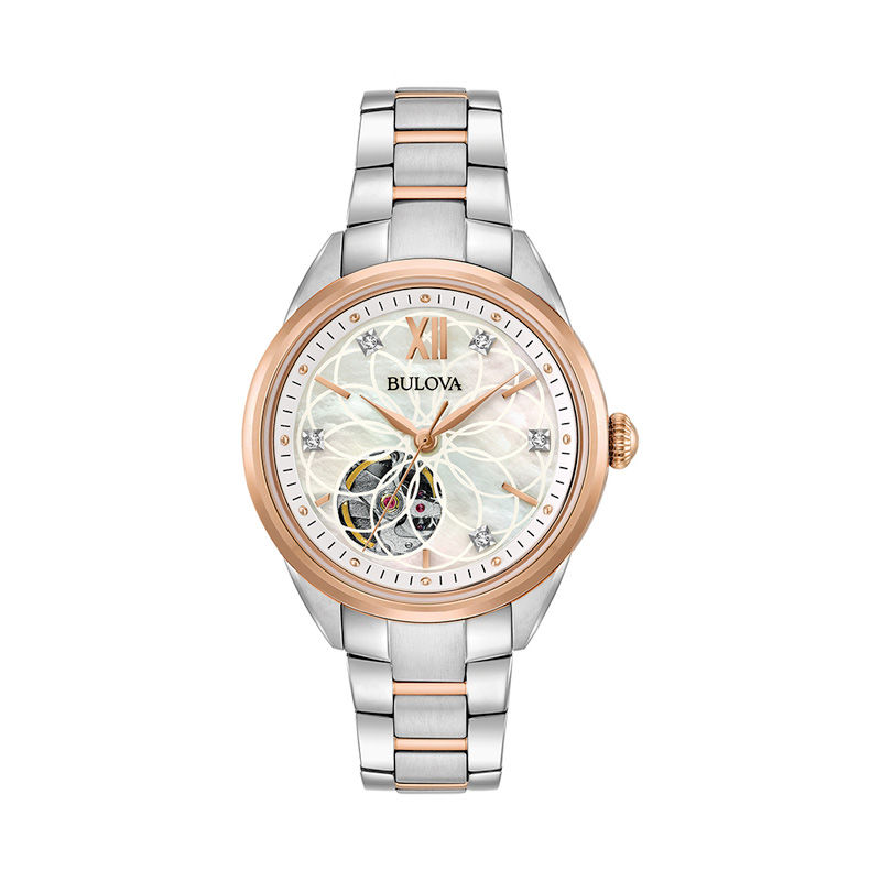 Ladies' Bulova Automatic Diamond Accent Two-Tone Watch with Mother-of-Pearl Skeleton Dial (Model: 98P170)