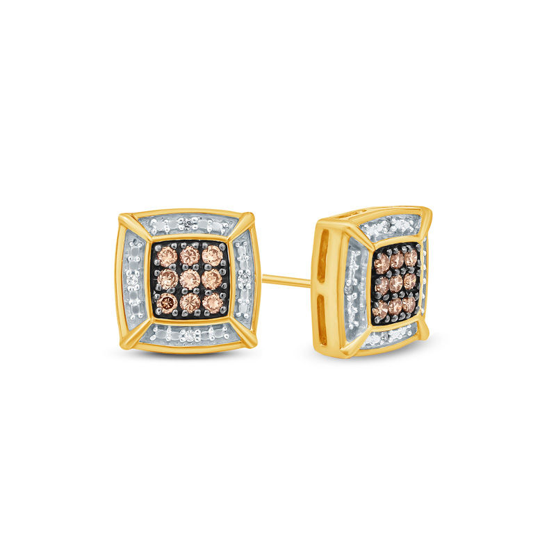 Men's 1/5 CT. T.W. Champagne and White Composite Diamond Cushion Stud Earrings in 10K Gold and Black Rhodium