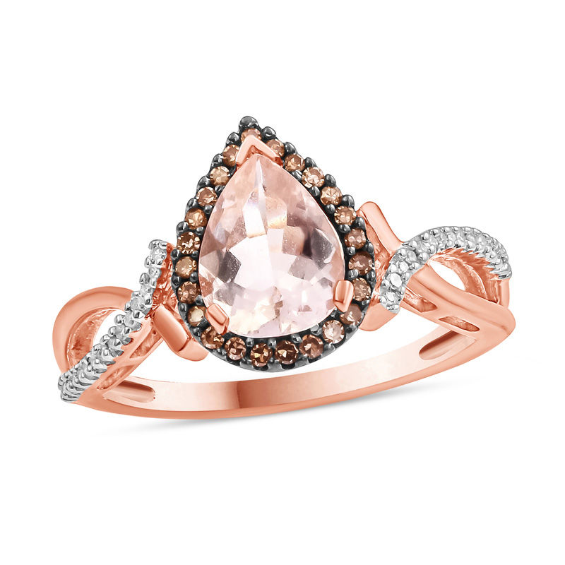 Main Image 1 of Pear-Shaped Morganite and 1/6 CT. T.W. Champagne and White Diamond Frame Ring in 10K Rose Gold and Black Rhodium