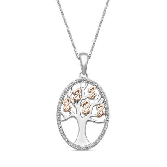Open Hearts by Jane Seymourâ¢ 1/10 CT. T.w. Diamond Family Tree Oval Pendant in Sterling Silver and 10K Rose Gold
