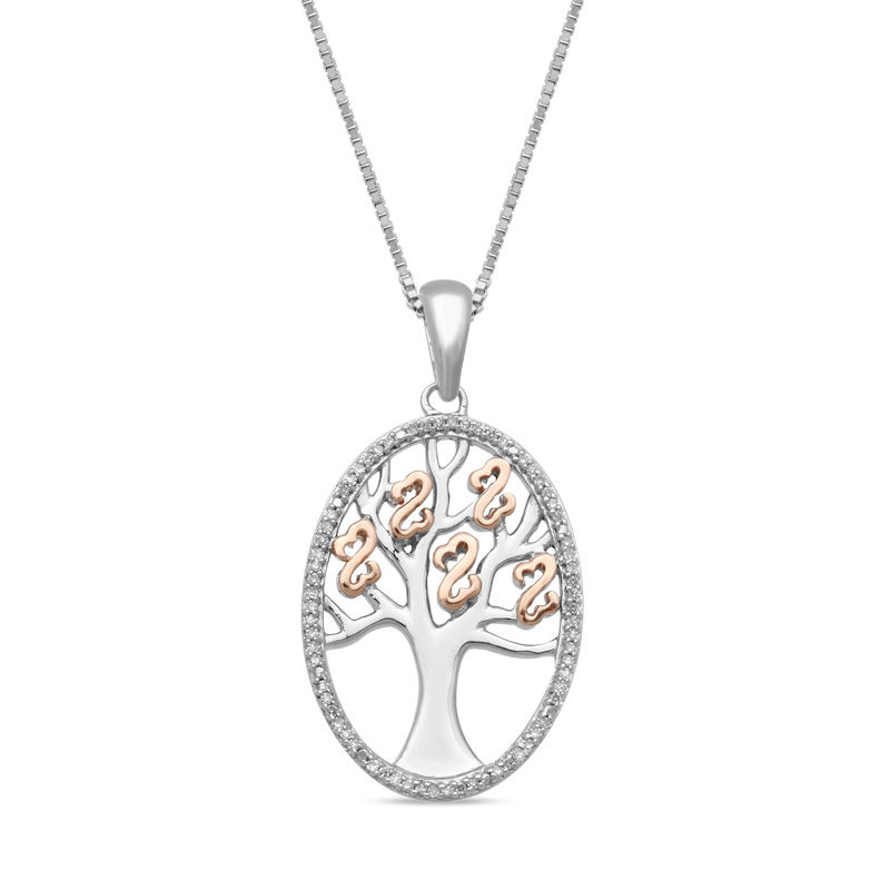 Open Hearts by Jane Seymour™ 1/10 CT. T.W. Diamond Family Tree Oval Pendant in Sterling Silver and 10K Rose Gold