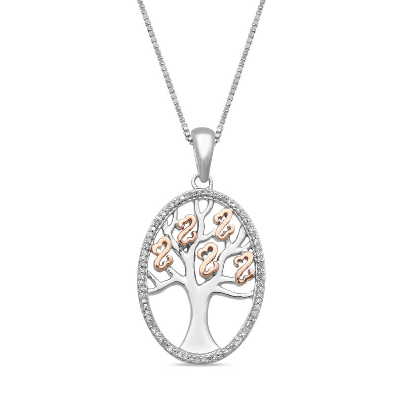 Main Image 1 of Open Hearts by Jane Seymour™ 1/10 CT. T.W. Diamond Family Tree Oval Pendant in Sterling Silver and 10K Rose Gold