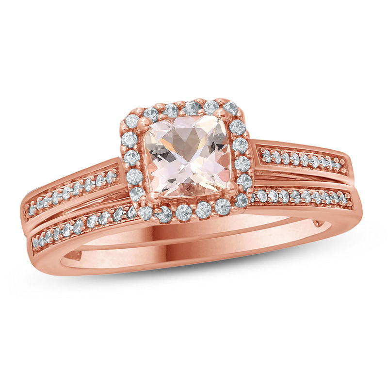 Main Image 1 of 5.0mm Cushion-Cut Morganite and 1/5 CT. T.W. Diamond Frame Bridal Set in 10K Rose Gold