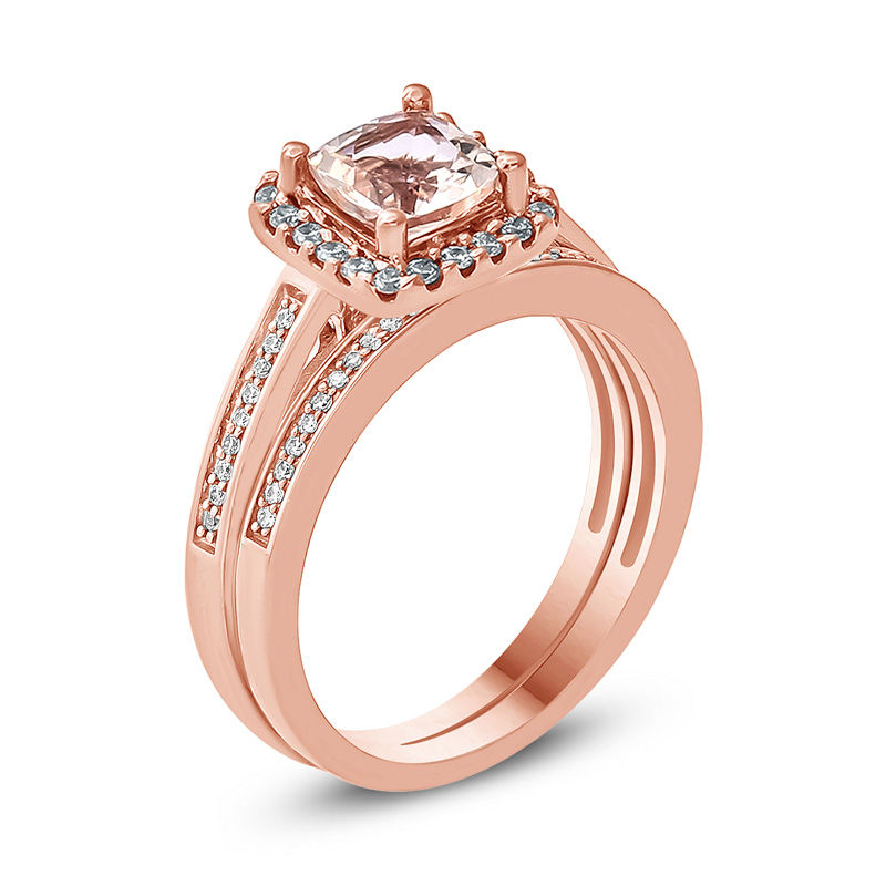 Main Image 2 of 5.0mm Cushion-Cut Morganite and 1/5 CT. T.W. Diamond Frame Bridal Set in 10K Rose Gold