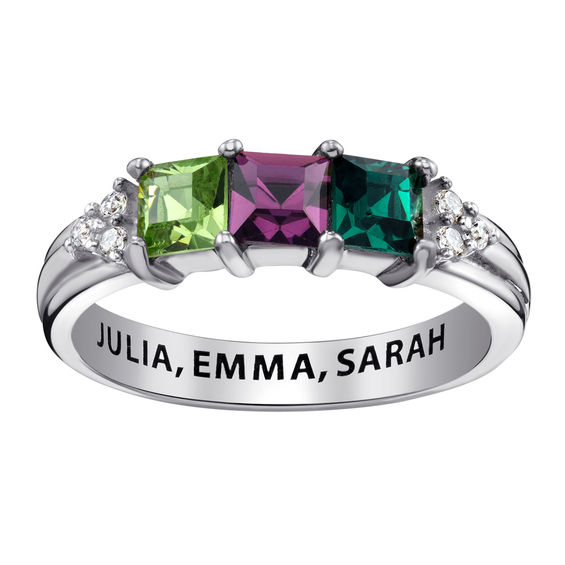 Mother's Princess-Cut Simulated Birthstone and Cubic Zirconia Tri-Sides Ring in Sterling Silver (3 Stones and 1 Line)