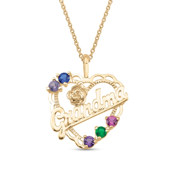Grandmother's Birthstone with Rose Accent Scalloped Frame Heart Pendant (2-6 Stones)