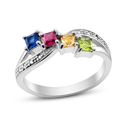 Mothers' Princess-Cut Simulated Birthstone and Diamond Accent Ring in Sterling Silver (4 Stones)
