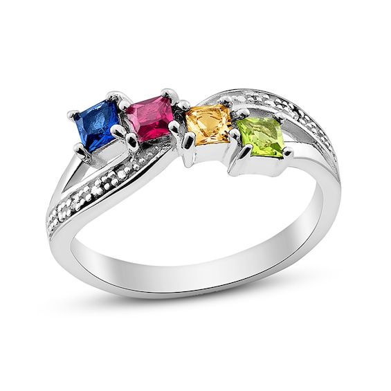 Mothers' Princess-Cut Simulated Birthstone and Diamond Accent Ring in Sterling Silver (4 Stones)