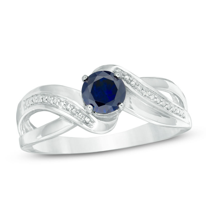 Main Image 1 of 5.0mm Lab-Created Blue Sapphire and Diamond Accent Split Shank Bypass Ring in Sterling Silver