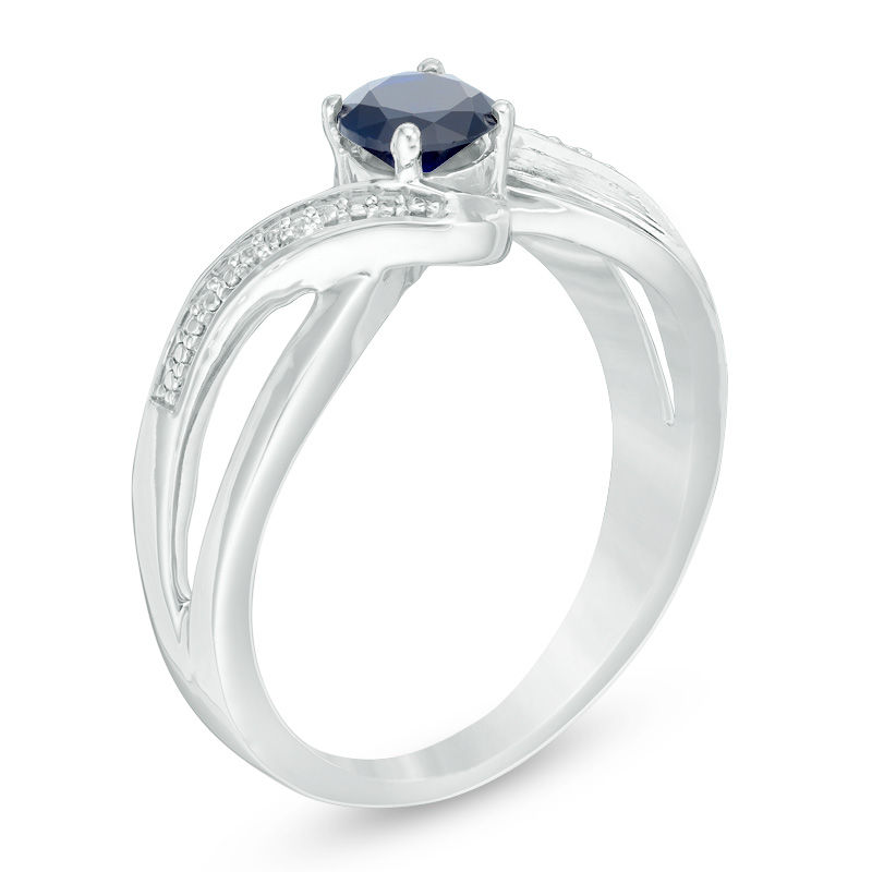 Main Image 2 of 5.0mm Lab-Created Blue Sapphire and Diamond Accent Split Shank Bypass Ring in Sterling Silver