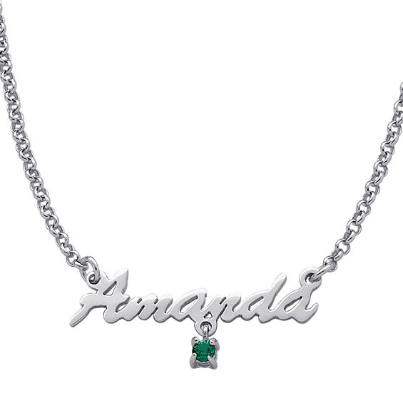 Simulated Birthstone And Name Necklace In Sterling Silver Simulated Birthstone And Name Necklace In Sterling Silver